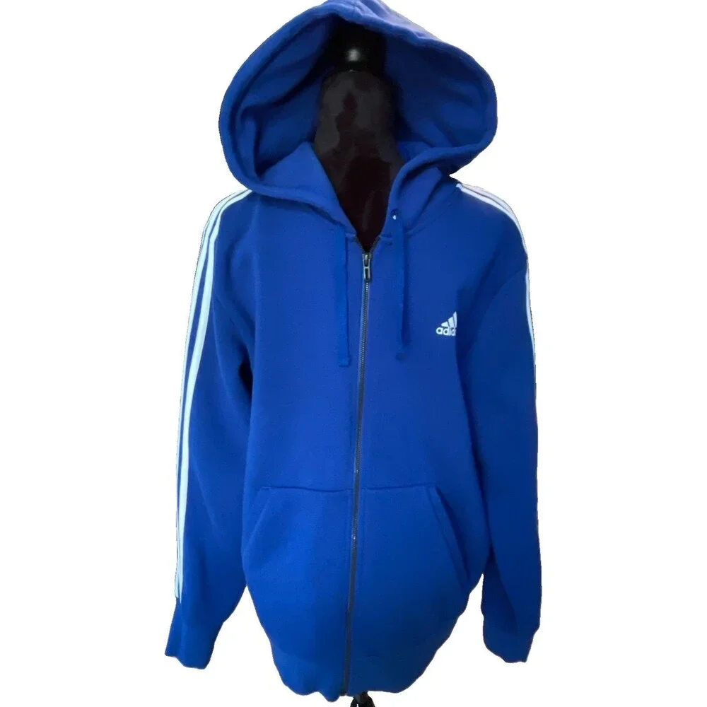 Adidas Hoodie Mens L Blue Full Zip 3-Stripes Track Jacket 70% Cotton